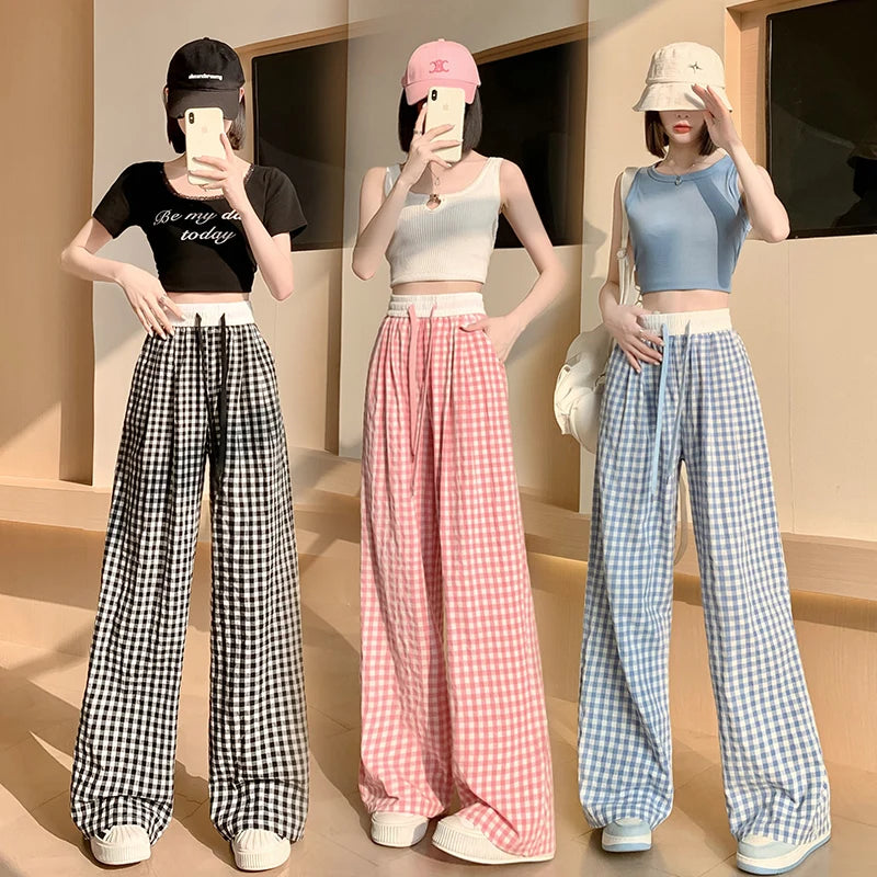 Thin High Waisted Checkered Black and White Wide Leg Pants, Elastic Floor Length Pants, Retro Loose and Versatile