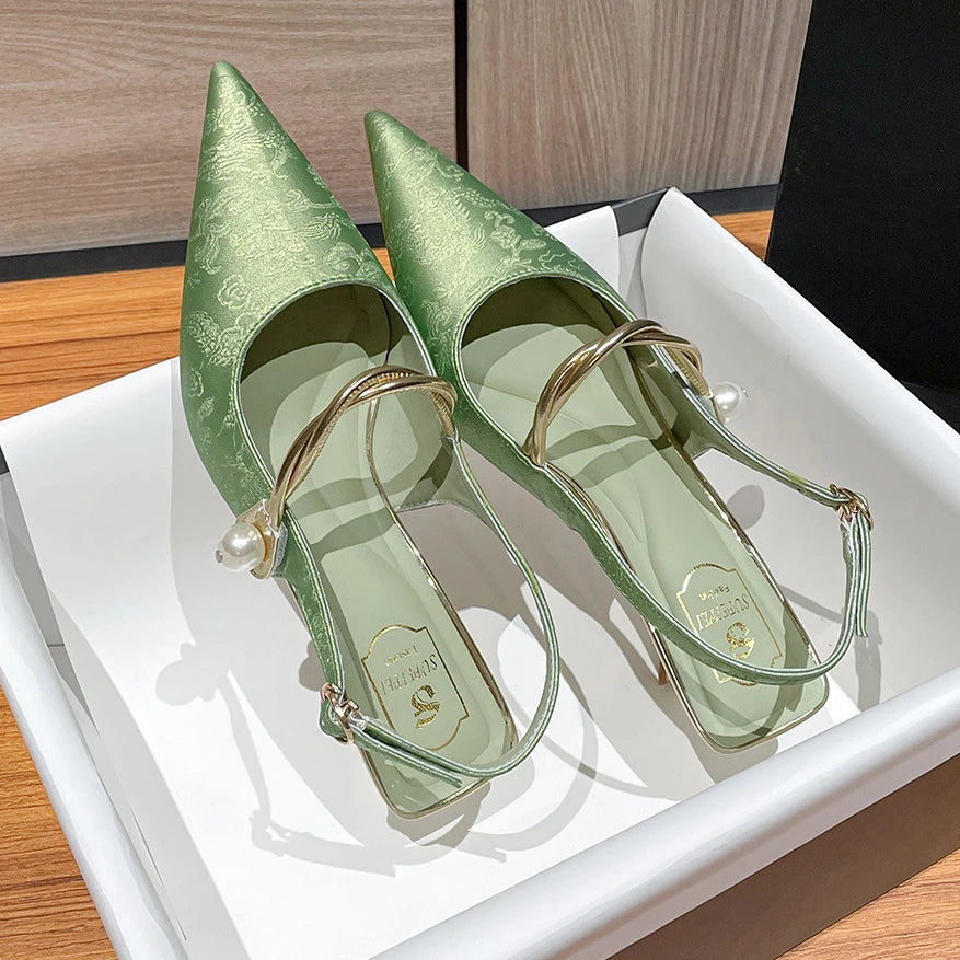 Satin Pointed Toe High Heels Designer Sandals Green Slingback Party Dress Shoes Muller Pumps