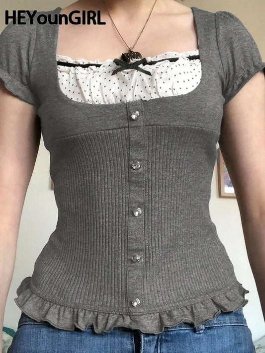 T-shirt Patchwork Lace Sweet Square Collar Knitted Tops Ruffles Hem Y2k Gray Tee Shirt Clothes