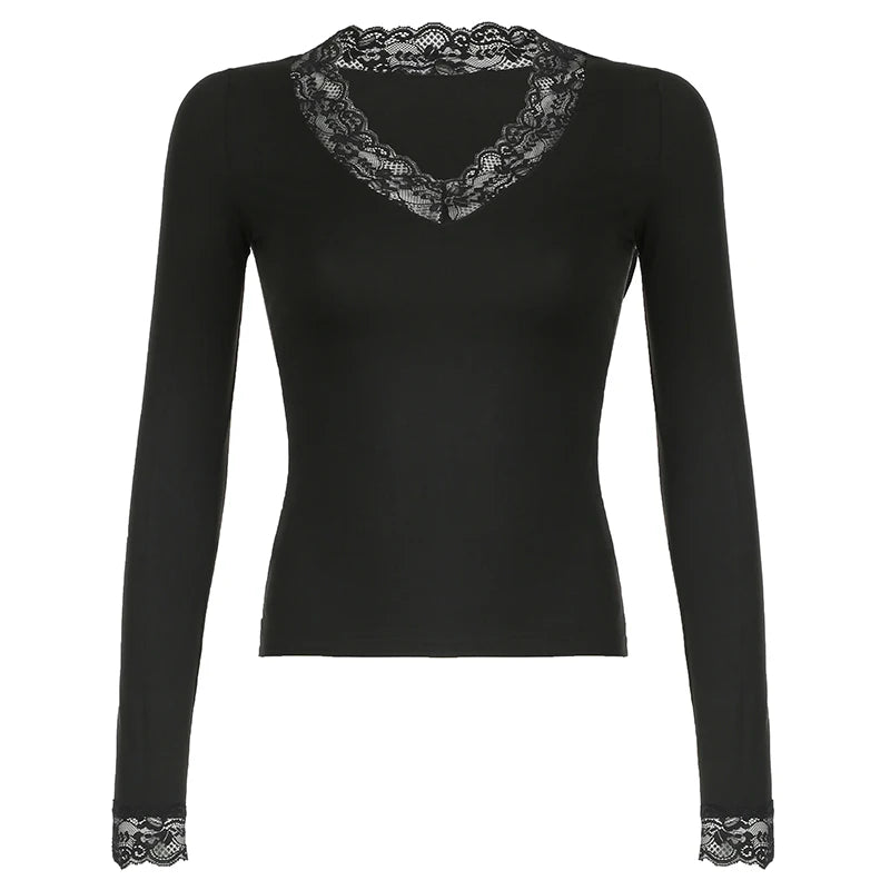 Black Lace Trim V-neck T-shirt Slim Basic Long Sleeve Top Tees All-match Autumn New