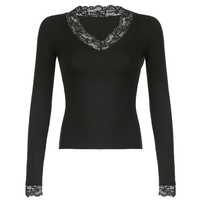 Black Lace Trim V-neck T-shirt Slim Basic Long Sleeve Top Tees All-match Autumn New