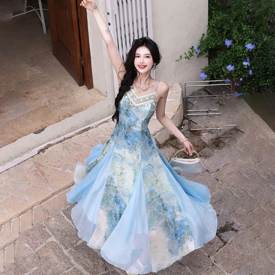 Blue Sfumato Print Dress ’s Commuting Splicing Evening Suspender Long Dresses Mesh Splicing Summer New Style