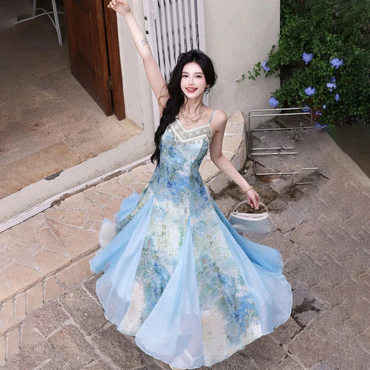 Blue Sfumato Print Dress ’s Commuting Splicing Evening Suspender Long Dresses Mesh Splicing Summer New Style