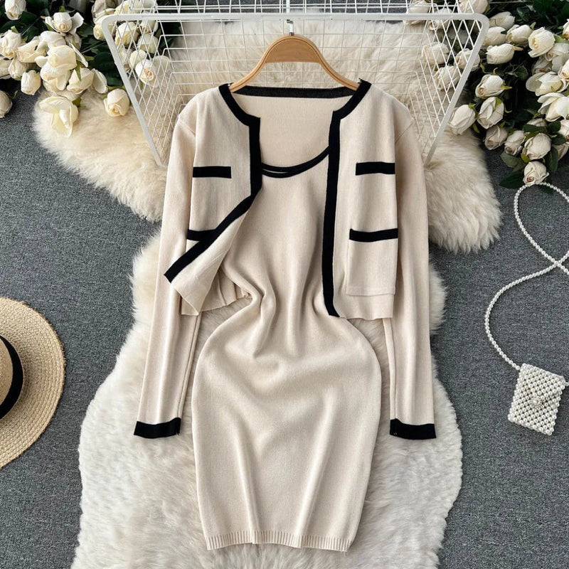 Autumn/winter Small Fragrant Wind Contrast Knitted Cardigan+suspended Tank Top Knitted Dress Ins