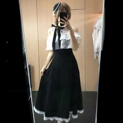 Lace Sweet Cloak Design White Dress Summer New Off Shoulder Bow Short Sleeve Waist Slimming Aline Long Dress for