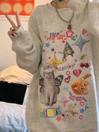 Kawaii Cat Print Hoodie Cutecore Long Sleeve Sweatshirt American Retro Egirl Kitten Angel Graphic Alt Clothes Y2k