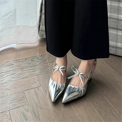 Genuine Leather Slingbacks Pumps Pointed Toe Silver Black Wedges Heels Shoes Woman Summer Pumps
