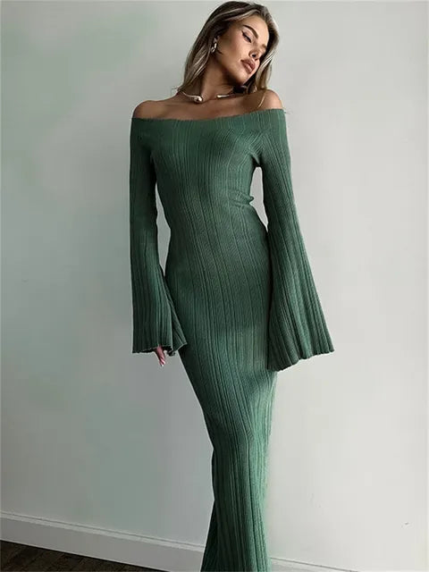 Autumn Knit Ribbed Long Dress Off-shoulder Slim High Waist Patchwork Party Dress Female Maxi Dress Knitwear