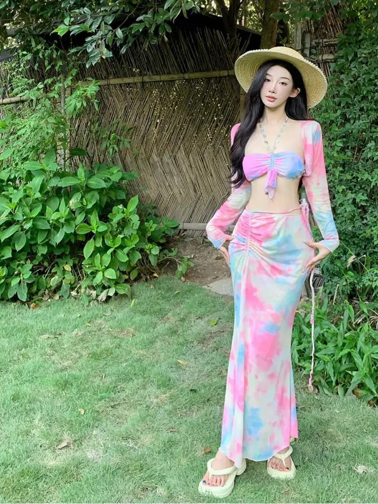 Pink Gradient Print Two Piece Set Summer Beach Vacation Long Sleeves Short Coat + Backless Halter Tops and Long Skirt Suit
