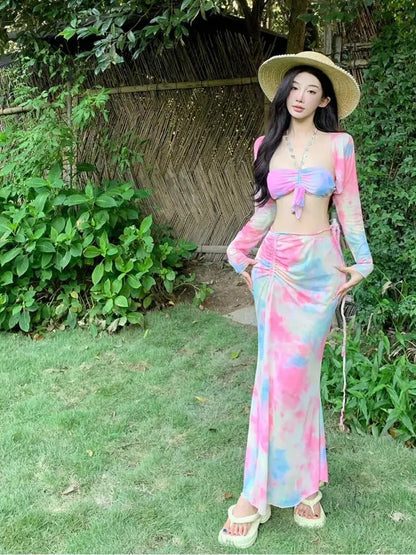 Pink Gradient Print Two Piece Set Summer Beach Vacation Long Sleeves Short Coat + Backless Halter Tops and Long Skirt Suit