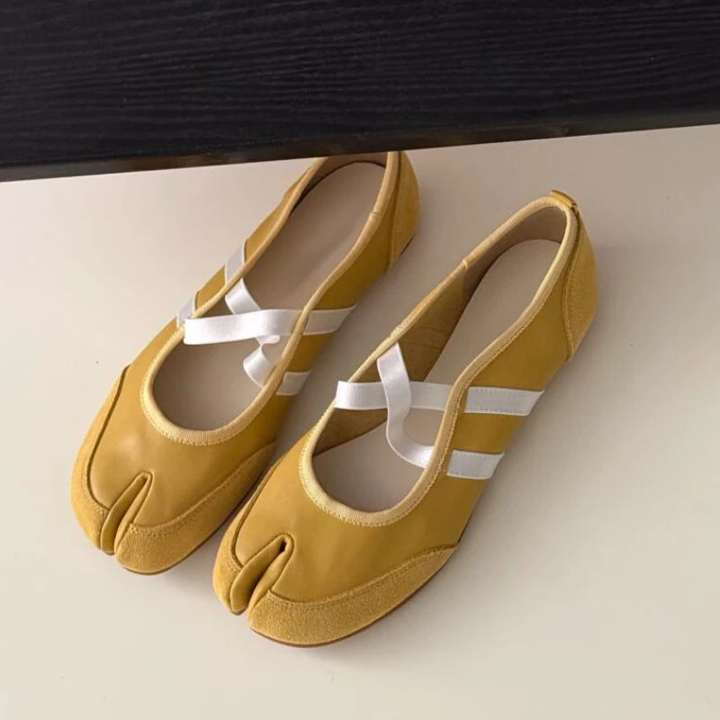 Splittoe Ballet Flats Shoes Pu Leather Cross Band Mary Janes Shoes Spring Autumn Loafers New