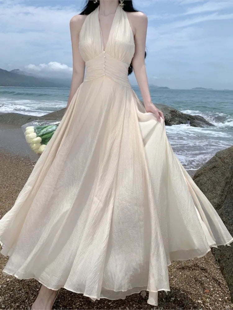 Summer Sleeveless Halter Long White Maxi Dress Tight Waist Vneck Beach Dress Robes Du Soir Evening Dresses Wedding Prom