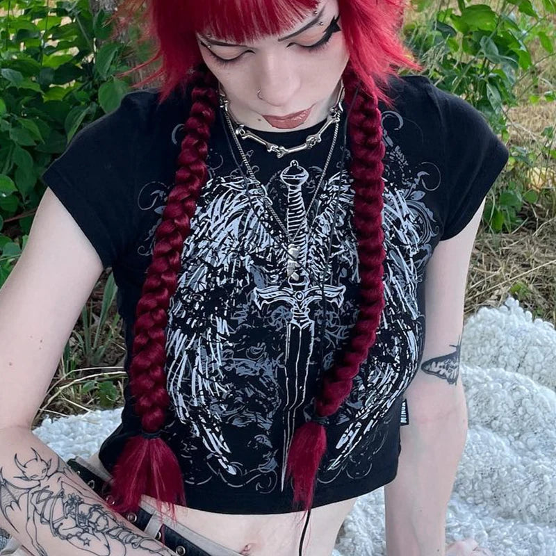 90s Harajuku Printed T-shirt Short Sleeved Tight Top ’s Y2k Street Wear Exposed Navel Top