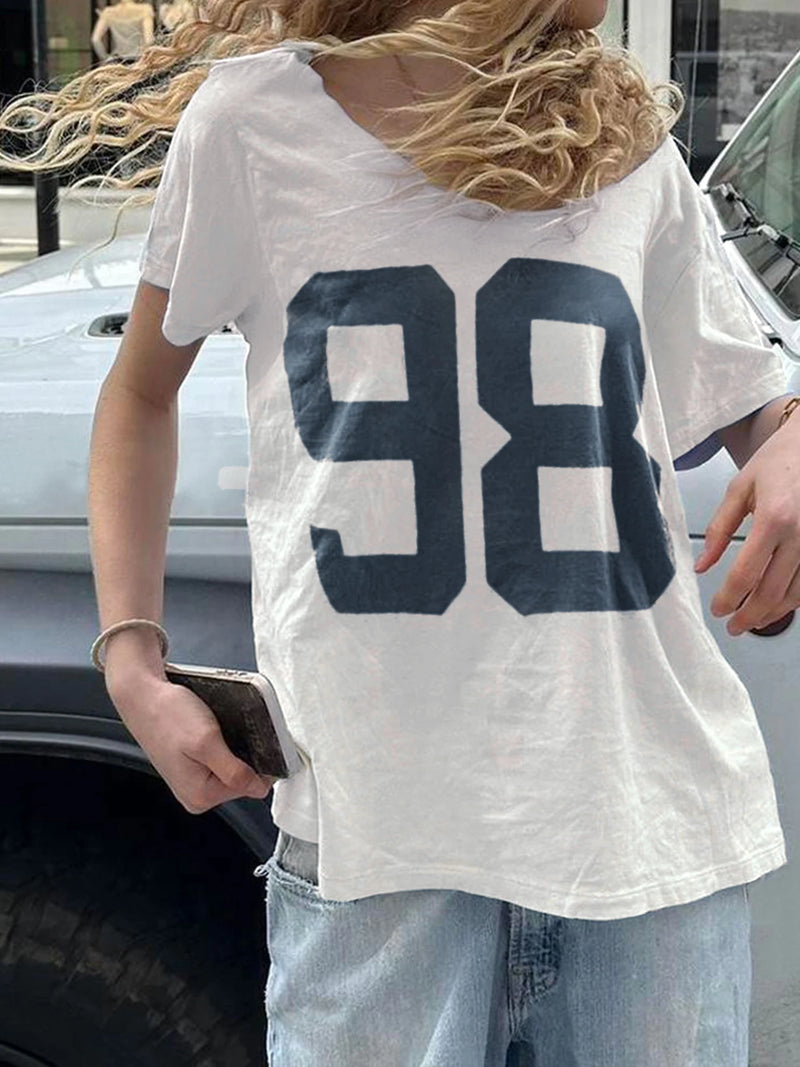 Figure Print Loose Boyfriend Long T-shirt O Neck Short Sleeve Summer Korean Top Tees Simple Lazy Homewear