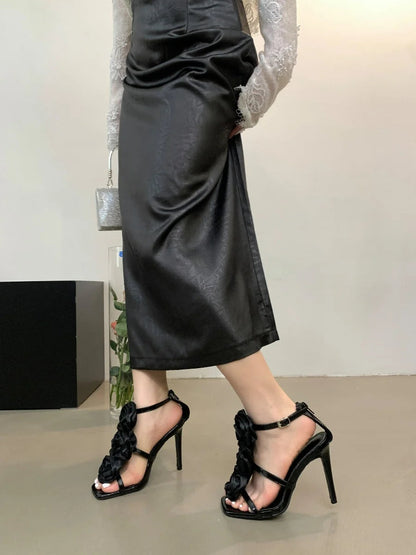 Flower Heeled Sandal Silk Rose Flower Opentoe Stiletto Shoes Roman Sandals 3540 Sizes High Heels