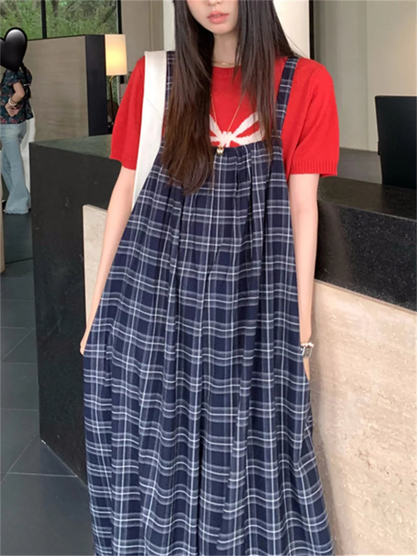 Korea Rompers Summer Plaid New Office Lady High Street Sleeveless Wide Leg Jumpsuits