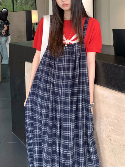 Korea Rompers Summer Plaid New Office Lady High Street Sleeveless Wide Leg Jumpsuits