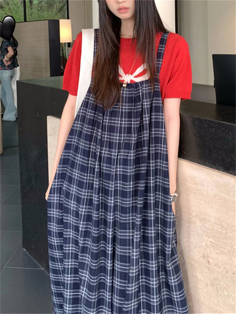 Korea Rompers Summer Plaid New Office Lady High Street Sleeveless Wide Leg Jumpsuits