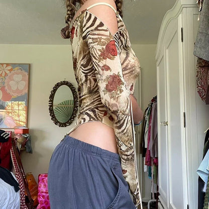 Asymmetric Tiger Pattern Rose Print T-shirt Y2k Long Sleeve Off Shoulder Suspender Top