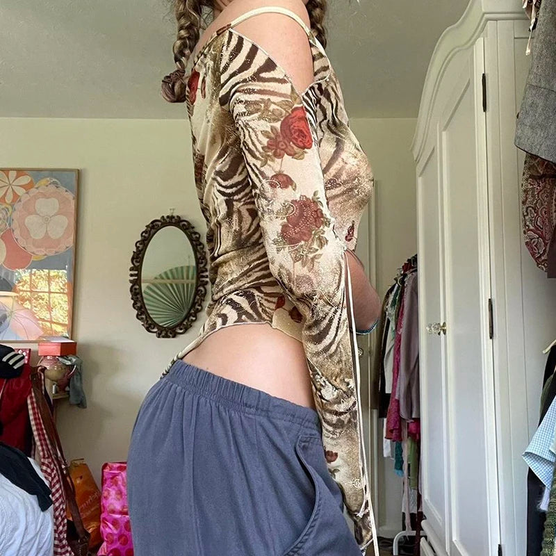Asymmetric Tiger Pattern Rose Print T-shirt Y2k Long Sleeve Off Shoulder Suspender Top