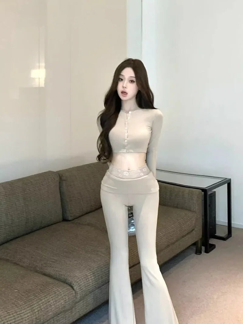 French Sweet Hot Girl Suit Spring Slim Fit Oneck Short Top High Waist Flare Pants Twopiece Set Female Clothes