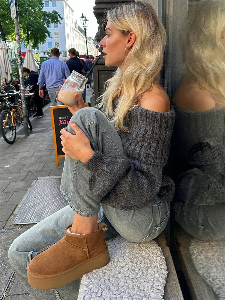 Offshoulder Knit Sweater Pullover for Slim High Street Loose Patchwork Camisola Knitwear Top