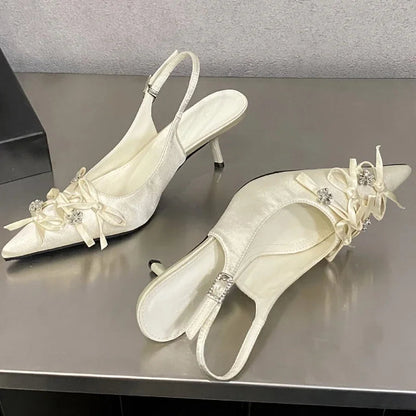 Designer Pointed Toe Thin High Heels Butterflyknot Slingback Sandals Female Party Dress Shoes Pumps