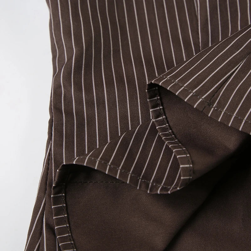 Brown Striped Blouse High Street Fitted Tee Shirt 2000s Button Top Fall Outfits