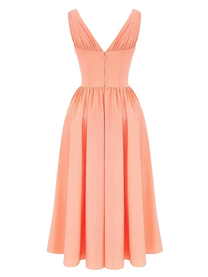 V Neck Boning Corset Flare Midi Dress