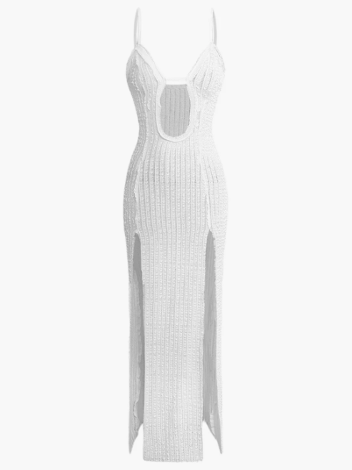 See Through Deep Neck High Slit Maxi Dress