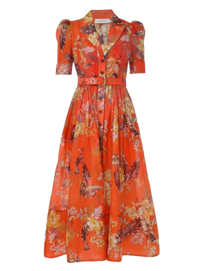 Red & Green Print Maxi Dress With Belt