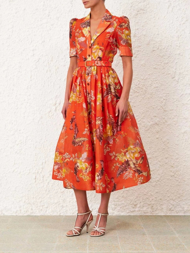 Red & Green Print Maxi Dress With Belt