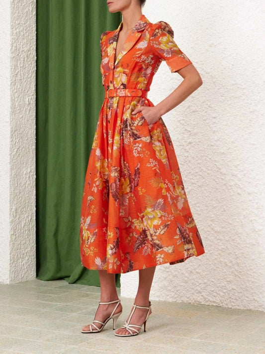 Red & Green Print Maxi Dress With Belt