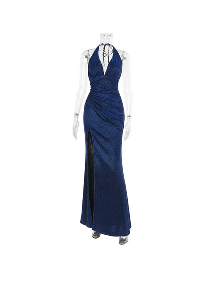 Backless Deep Halterneck Shimmer High Slit Maxi Dress