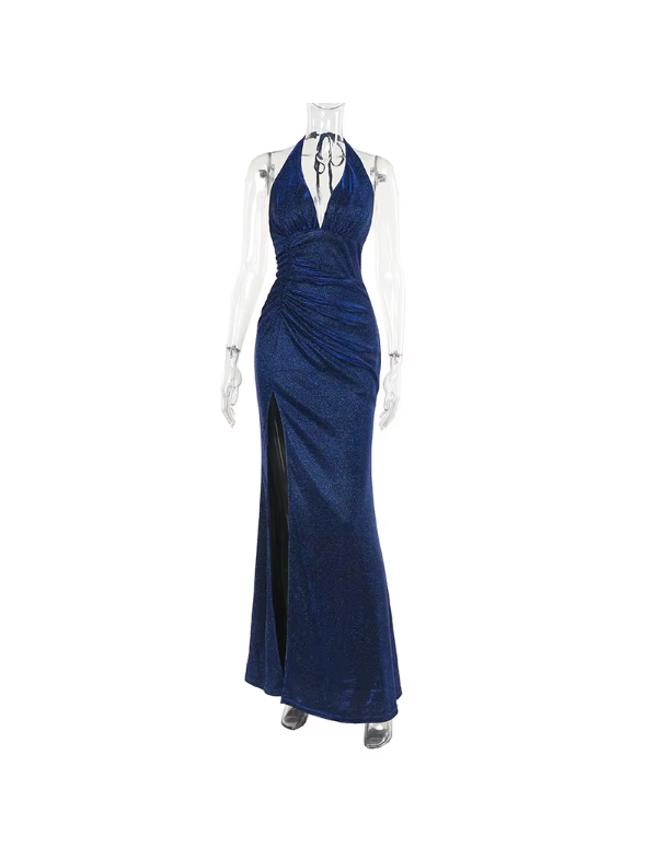 Backless Deep Halterneck Shimmer High Slit Maxi Dress