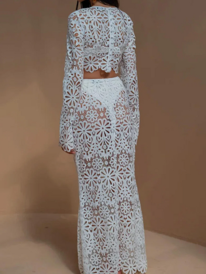 Crochet Hollow Out Long Sleeves Skirt & Blouse Coord Set