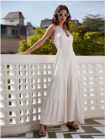Wide Leg Backless Halterneck Knotted Jumpsuit