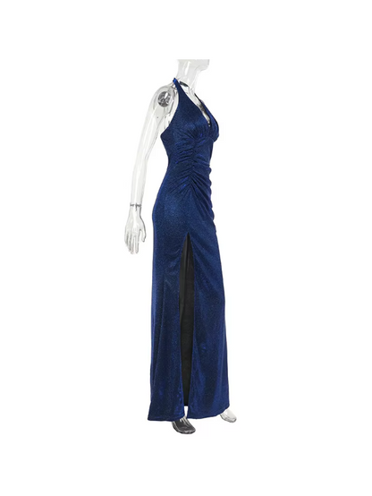 Backless Deep Halterneck Shimmer High Slit Maxi Dress