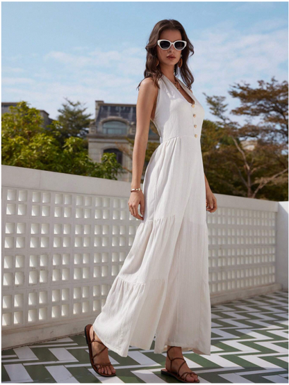 Wide Leg Backless Halterneck Knotted Jumpsuit