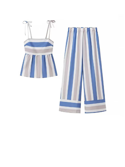 Striped Printed Lace Up Camisole Top & Wide Leg Pant Coord Set