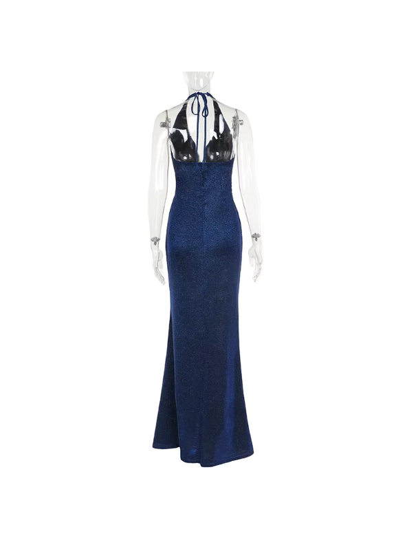 Backless Deep Halterneck Shimmer High Slit Maxi Dress