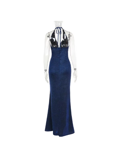 Backless Deep Halterneck Shimmer High Slit Maxi Dress