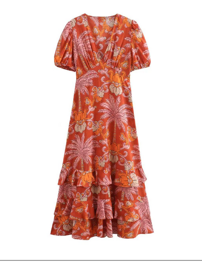 V Neck Printed Midi Dress