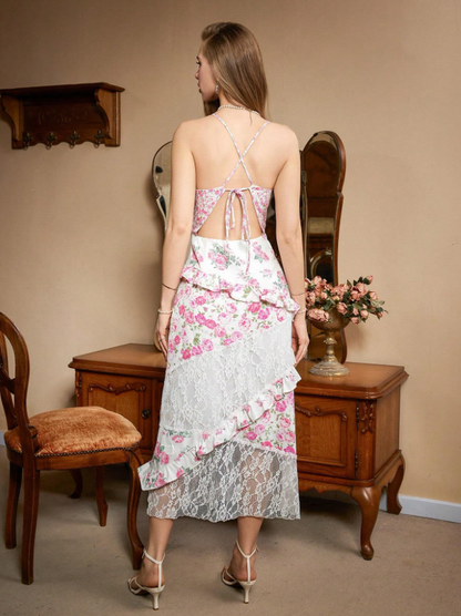 Backless Print Spaghetti Strap Lace Maxi Dress