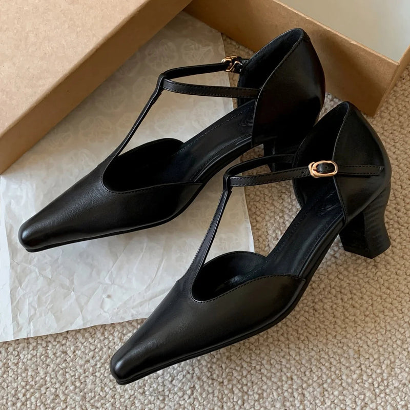 Cow Leather Kitten Heel Pointed Toe Tstrap Pumps Retro Gradient Color Evening Dress Sandals Shoes Woman