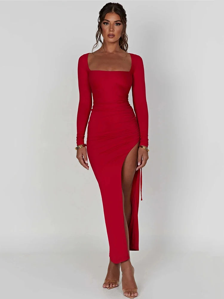 Long Sleeve Ruched High Split Maxi Dress Square Collar Drawstring Bodycon Party Long Dress Autumn