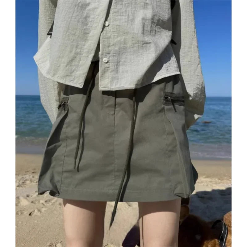 Summer Korean Retro High Street Side Pocket Zipper Drawstring Low Waist Mini Skirt Skirt