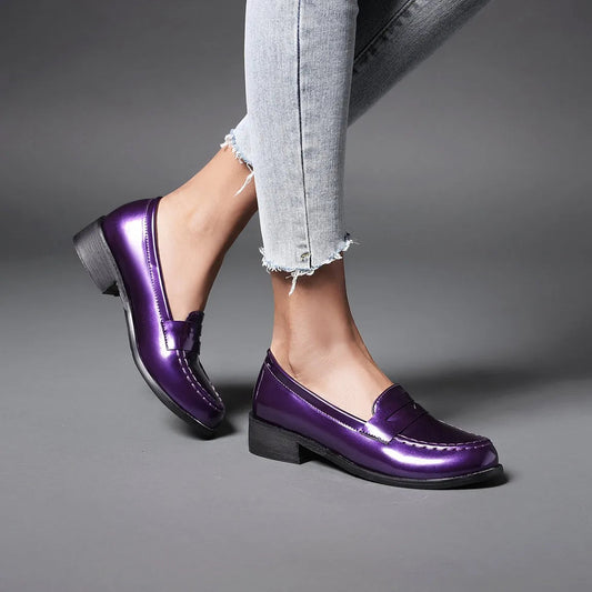 Spring Autumn New Low Heels Loafers Slip on Patent Leather Daily Work Shoes Purple Black Yellow 41 42 43