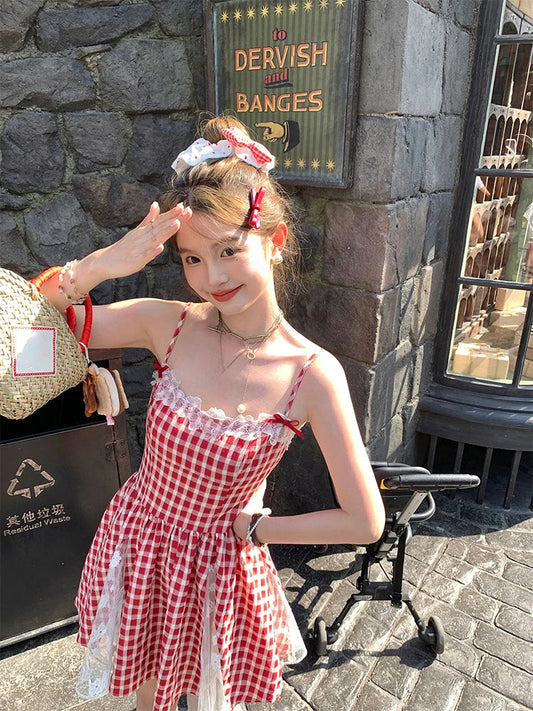 Evening Party Y2k Plaid Mini Dress Sweet Lace Japanese Kawaii Strap Dresses Korean Summer
