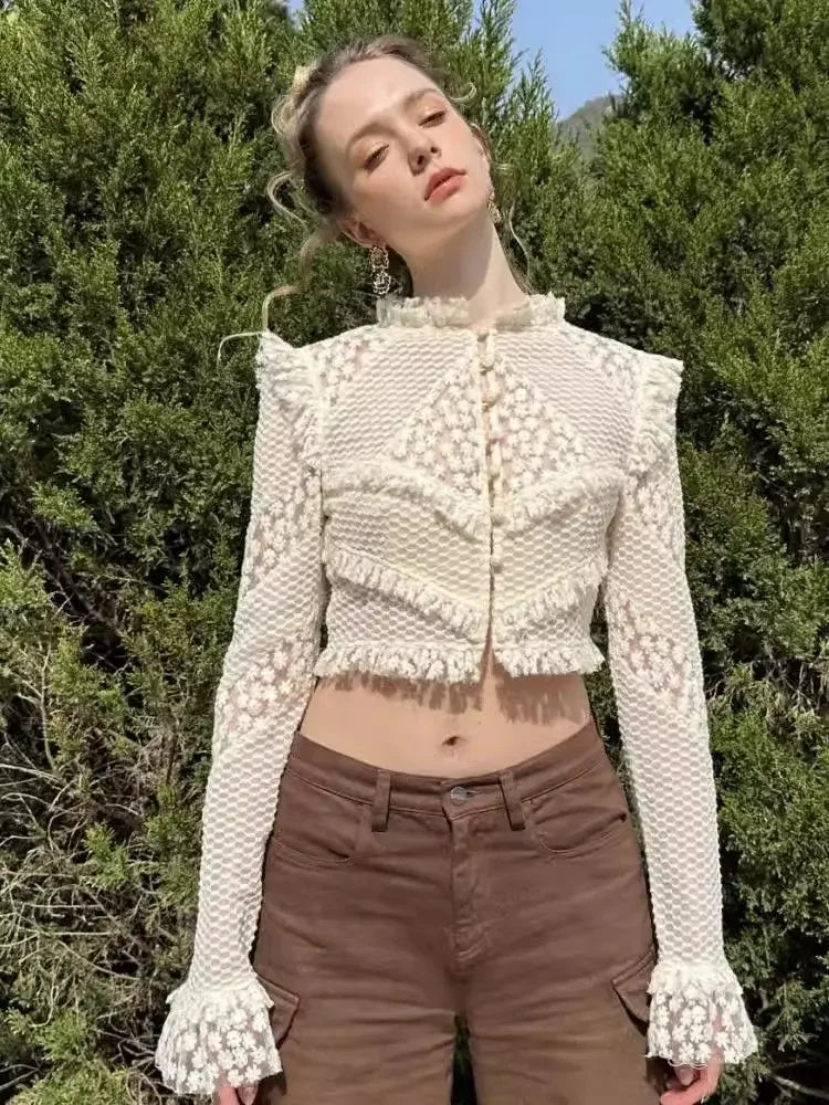 Heavy Industry Embroidered Lace Hook Flower Shirt Female Long Sleeve Blouse Clothing Autumn New Slimming Short Top